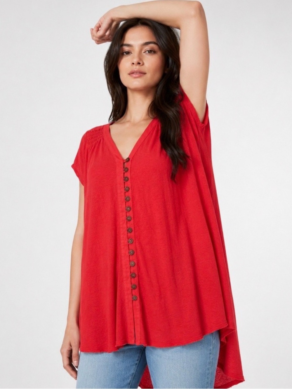 Free People red linen button down boho tunic